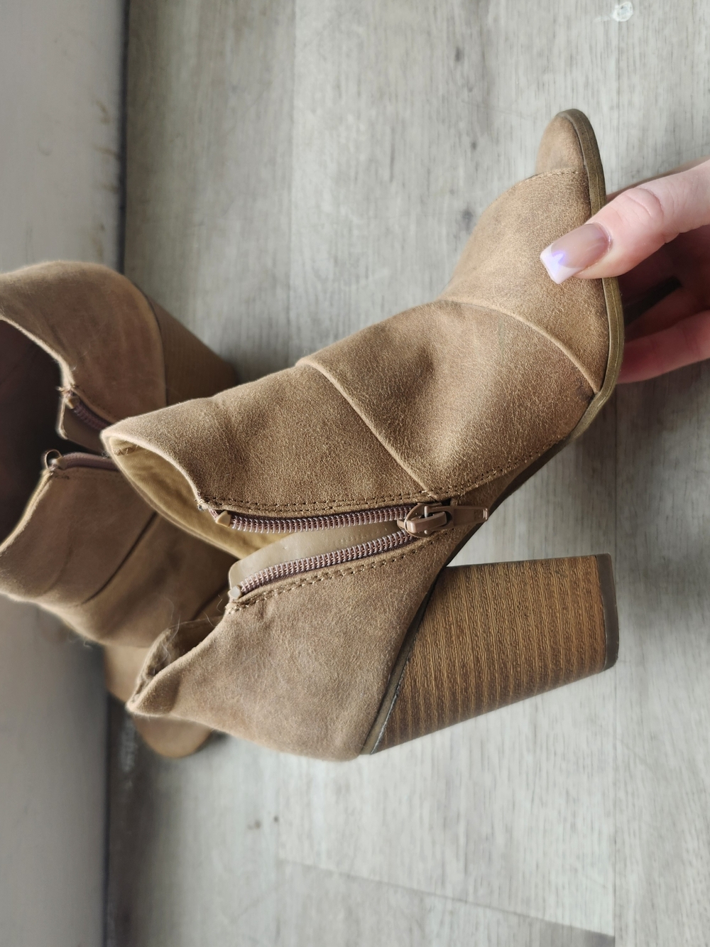 Suede Block Heel Ankle Boots - Tan
